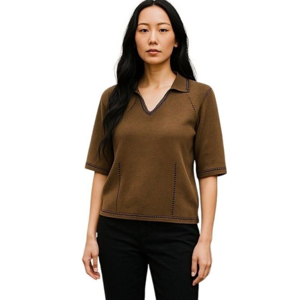 Emma James Liz Claiborne Medium Brown Long Sleeve Sweater Decorative Stitching